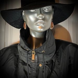 Nine West Midi Trench Black Coat Size XL Snap & Zip Front Hidden hood Great Fit!